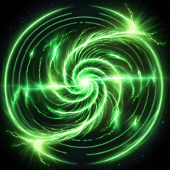 Vibrant swirling green energy vortex with dynamic light effects and cosmic elements in a dark space background creating an ethereal and mystical atmosphere.