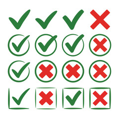 Green checkmarks and red crosses in various simple graphic styles check mark