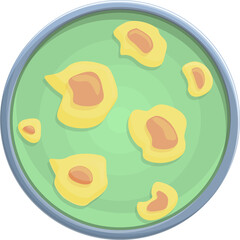 Green petri dish with yellow and orange cell cultures under bright studio lighting