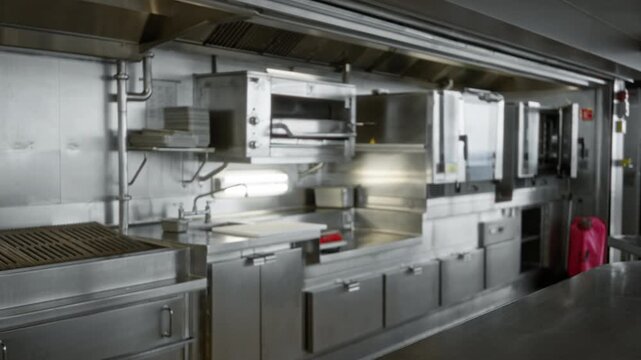 Industrial kitchen interior with defocused stainless steel appliances, grills, ovens and cabinets creating a soft metallic backdrop; backplate background copyspace production.