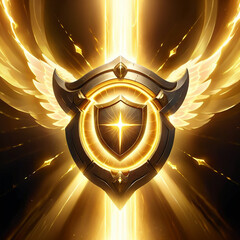 Golden shield with wings and radiant light emanating from the center, glowing in a mystical atmosphere, adorned with intricate designs, symbolizing protection and strength.