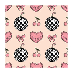 Pink disco balls cherries and bows seamless pattern on peach background cherry heart