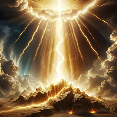 Radiant beams of light emerging from the clouds illuminating a dramatic mountain landscape during an intense sunset with vibrant colors and mystical atmosphere.