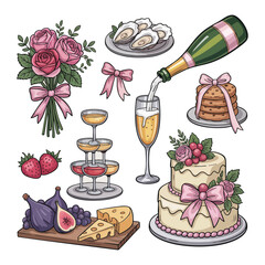 Pink roses champagne tower oysters cake cookies strawberries figs and cheese bouquet green leaves