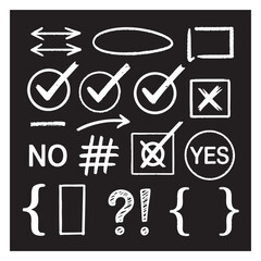 White Hand Drawn Checkmarks X Marks Yes No Hashtag Question Mark Exclamation Point Brackets Arrows