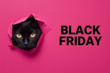 Mysterious black cat emerging through torn pink paper announcing black friday sales and promotions