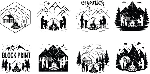 Obraz premium Family camping near mountain cabin with campfire, black and white vector illustration, outdoor adventure silhouette design, nature travel vacation, forest hiking art scene