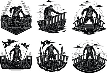 Pirate zombie silhouette illustration set, undead sailor on ship deck, spooky nautical horror theme, dark fantasy vector art, adventure, sea ghost, Halloween concept
