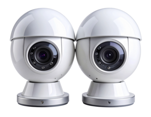  Front View of Two White Dome Security Cameras Mounted Side by Side, Isolated on Transparent Background