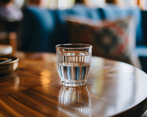 Refreshing clear water in a textured glass on a polished wooden table evokes calmness and simple elegance.
