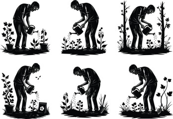 silhouette, gardener, watering, plants, eco, nature, vector, art, growth, design, farming, garden, minimal, agriculture, sustainability