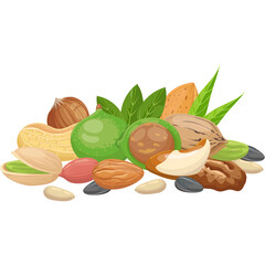 Assortment Of Healthy Nuts And Seeds With Green Leaves Isolated On White Background Studio Shot