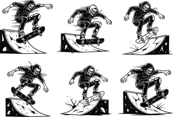 six different style illustration and white background, skeleton skateboarder silhouette vector, grim reaper skateboarding tricks, extreme sports art, urban street culture design, dark skate style © It's Majed Here