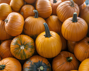 Abundant harvest of vibrant orange pumpkins creates a festive autumn scene perfect for fall celebrations and seasonal decor