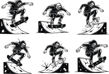 Obraz premium six different style illustration and white background, skeleton skateboarder silhouette vector, hooded skull skater performing tricks, extreme sport art, dark street 