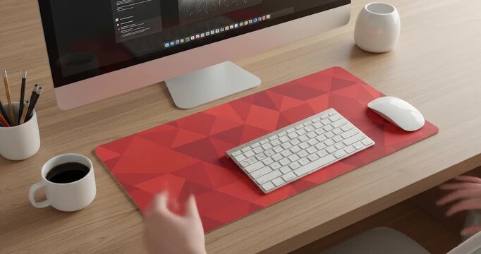modern desk setup featuring a large monitor, a red geometric desk mat, a white keyboard and mouse, a coffee mug, and a pen holder on a light wooden surface.