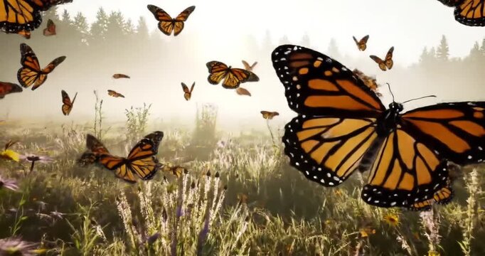 monarch butterflies gracefully fluttering over a field of wildflowers and tall grass.