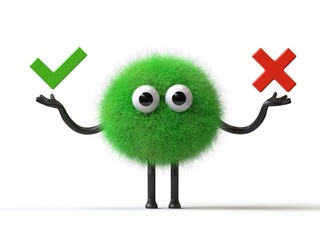 Fluffy, cute monster with checkmark and cross, symbolizing decision-making. 3D rendering, conceptual image. Isolated on white background.