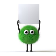 Fluffy, cute monster holds a blank sign, symbolizes information and advertising display. 3D rendering, conceptual image. Isolated on white background.