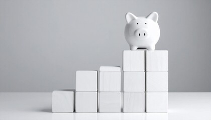 Piggy bank on ascending blocks with financial growth, investment, and saving money concept.