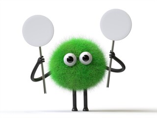Fluffy, cute monster holds a blank sign, symbolizes information and advertising display. 3D rendering, conceptual image. Isolated on white background.