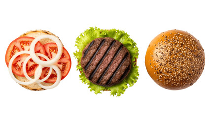 Top view of burger ingredients isolated on transparent background