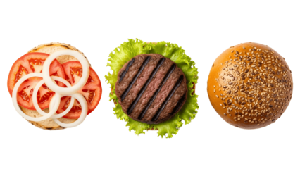Top view of burger ingredients isolated on transparent background