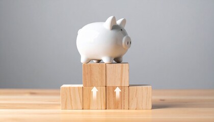 Piggy Bank on Wooden Blocks with Up Arrows with Saving and Growth Concept.