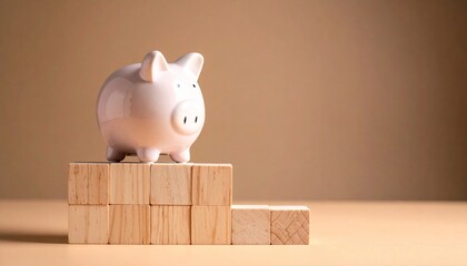 Piggy Bank on wooden steps with savings concept against a neutral background.