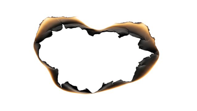 Burnt paper hole with charred edges isolated on transparent background