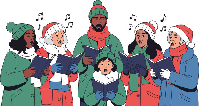 Heartwarming diverse group singing Christmas carols in winter coats spreading holiday cheer, perfect for festive season marketing and seasonal campaigns
