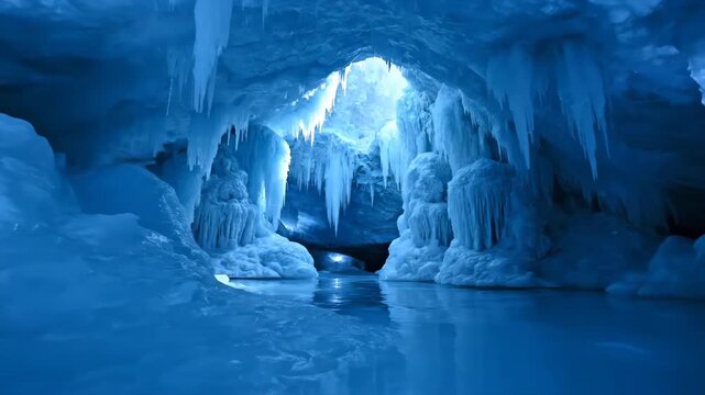 Slow cinematic dolly shot moving through the breathtaking interior of a shimmering blue ice cave with intricate frozen formations interior, adventure, underground