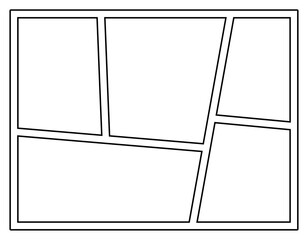 Black and white vector comic book page layout template with five different empty panels. Clean and versatile graphic element for comic art, graphic novels, cartoons, and visual storytelling projects. 