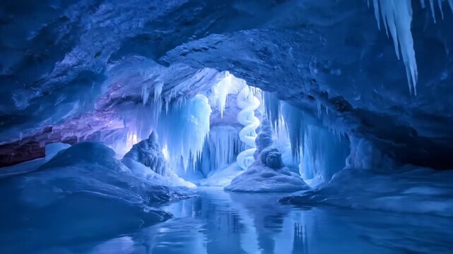 Slow cinematic dolly shot moving through the breathtaking interior of a shimmering blue ice cave with intricate frozen formations subzero, adventure, majestic