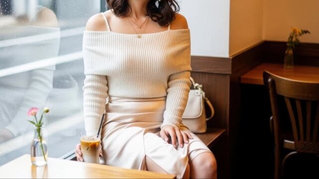 カフェの窓際で脚を組み微笑むオフショルダーの女性