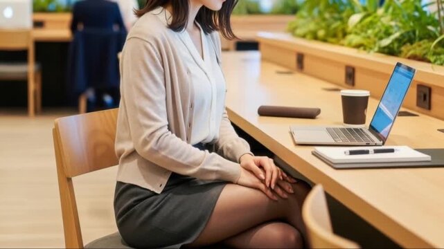 オフィスでノートパソコンを操作するミニスカートの女性