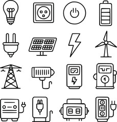 Electrical Energy Outline Icon Set Power Sources, Devices, and Consumption