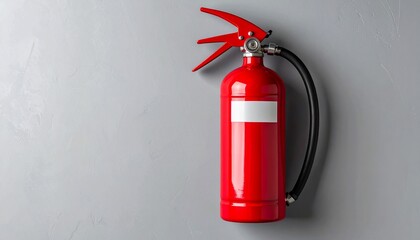 Red fire extinguisher on gray wall with safety and protection concept, and studio shot.