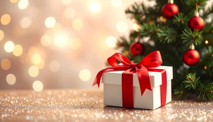 Christmas Gifts and Decorated Tree on Glitter Floor with Soft Bokeh Background