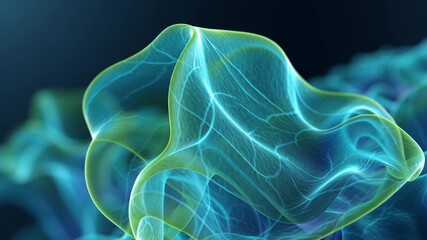 Abstract bioluminescent membrane with flowing translucent blue green folds and delicate vein like structures evoking wonder - Powered by Adobe