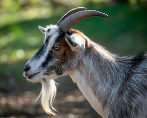 Majestic goat with impressive horns and striking goatee gazes intently into the distance, capturing a moment of serene contemplation outdoors.