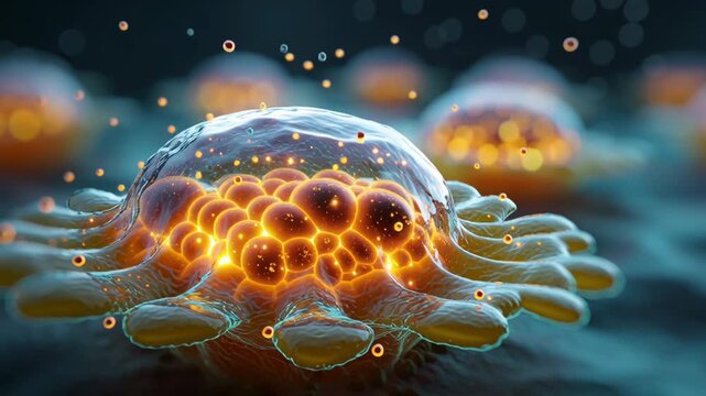 Glowing biomechanical cell fusion with luminous vesicle membrane and microscopic glowing biomechanical cell cluster