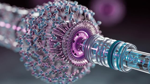 Futuristic microscopic delivery capsule with nanomaterial surface and glowing core conveying probiotics and molecular payload