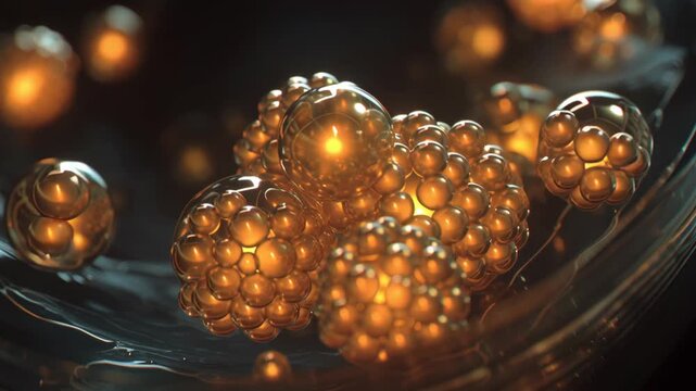 Glowing amber microbe fluid sphere reflective cluster glowing microbe fluid sphere golden particle microscopic organism