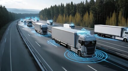 Autonomous Trucks: Fleet of self-driving trucks navigate a highway, symbolizing the future of transport and logistics, showcasing advanced technology and seamless integration. - Powered by Adobe