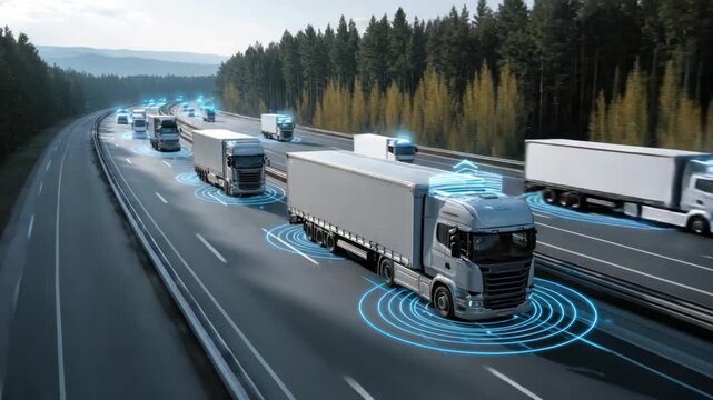 Autonomous Trucks: Fleet of self-driving trucks navigate a highway, symbolizing the future of transport and logistics, showcasing advanced technology and seamless integration. - Powered by Adobe