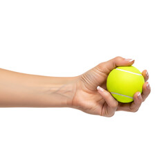 Hand holding bright yellow tennis ball isolated studio shot. Isolated on transparent background, png