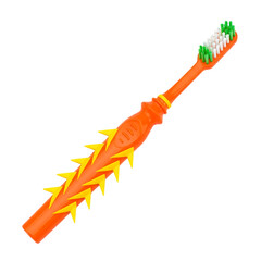 Creative orange toothbrush with spiky design and colorful bristles. Isolated on transparent background, png