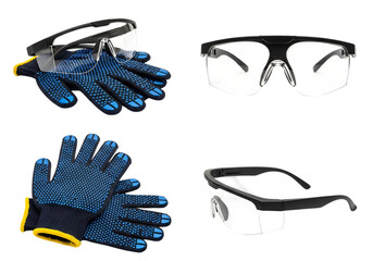 Industrial safety gear set protective eyewear and gloves for construction work. Isolated on transparent background, png