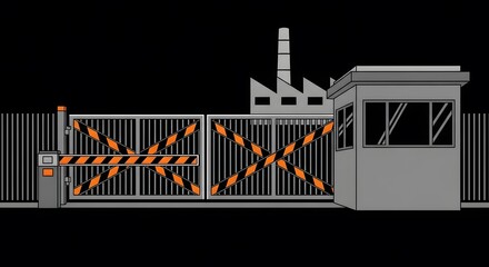 Industrial Factory Entrance with Barricaded Gates and Security Booth at Night.